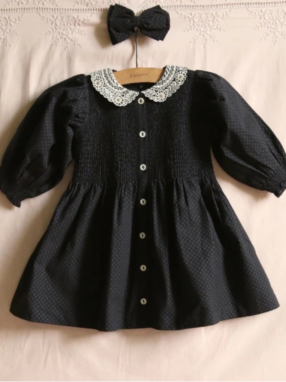 Bonjour Like New Black Polka Dot Lace Collar Girls' Dress